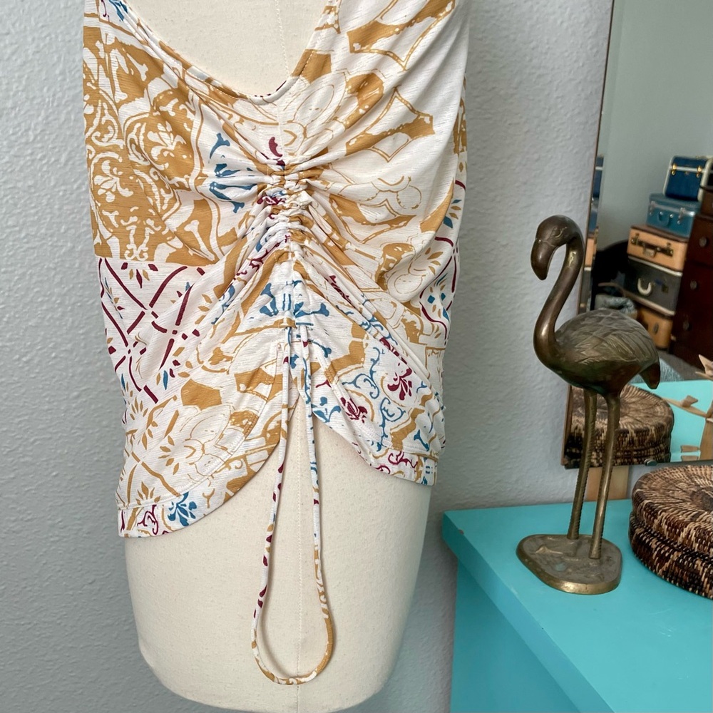 Prana Amata Cream Racerback Tank Top Shirt Mustard & Blue Tile Print Medium - Picture 3 of 10